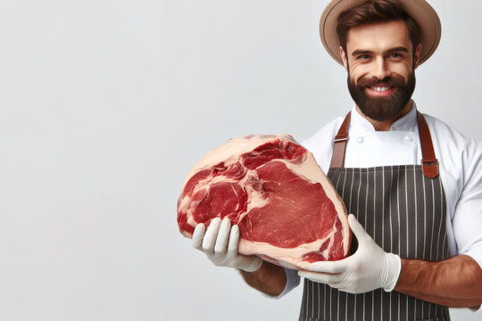 butcher man holding a large piece of meat on a white background