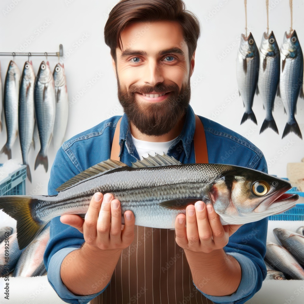 Wall mural fishmonger man holding a large fish on a white background