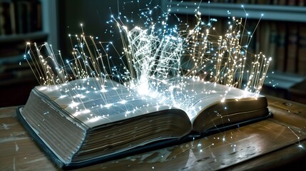 A book is open to a page with a glowing light effect digital knowledge transformation