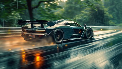 Emphasize the hypercar's dominance on the track with a low-angle shot, commanding attention against the verdant green background.