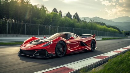 Emphasize the hypercar's dominance on the track with a low-angle shot, commanding attention against the verdant green background.