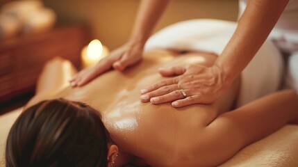 Bodywork: A woman receiving bodywork in a spa. A masseuse massaging his back
