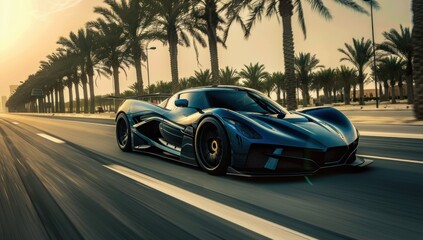 Freeze the moment as the hypercar accelerates, tires gripping the road with fierce determination against the green expanse.
