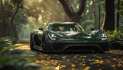 Illuminate the hypercar with a soft glow, casting it as the epitome of elegance and performance amidst the lush green environment.