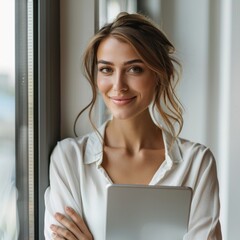 Young happy businesswoman, specialists training , language courses, professional development advertising