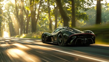 Fototapeta premium Showcase the hypercar's unparalleled speed with a long exposure shot, capturing the essence of motion against the vibrant green scenery.