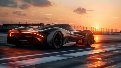 Naklejka premium Zoom in on the hypercar's aerodynamic lines as it races towards the horizon, leaving a trail of speed and excitement.