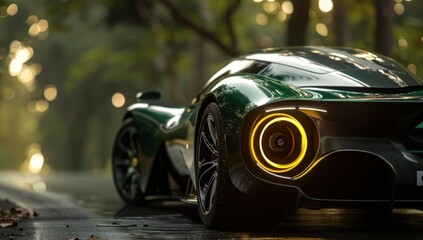 Naklejka premium Zoom in on the hypercar's emblematic logo, a symbol of performance and prestige against the rich green hues.