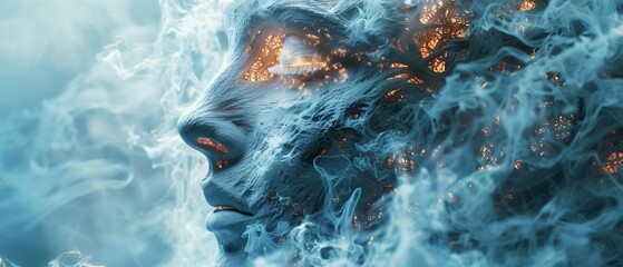 Craft a digital sculpture depicting a cyberneuron deity in a virtual realm