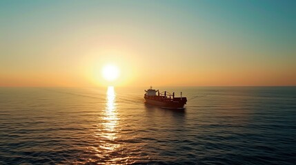 Cargo ship sails across the ocean at sunset against a clear blue sky. The vessel carries goods for international shipping and logistics, facilitating global trade and commerce