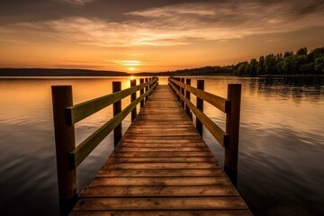 Fototapeta premium Tranquil sunset view from a wooden pier overlooking a calm lake with reflecting sunbeams