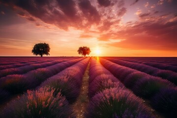 Sunset over lavender field scenery. Row agriculture scented bloom herbal. Generate Ai