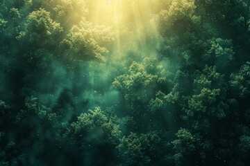 Strong rays of sunlight breaking through dense tree foliage creating an underwater effect