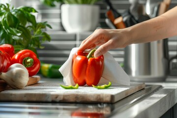 Woman wiping bell pepper with paper towel in kitchen, preparing for freezing, washing vegetables - obrazy, fototapety, plakaty