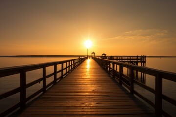 Fototapeta premium Sun sets perfectly in line with a tranquil wooden pier extending into still waters, reflecting warm light