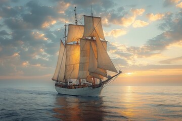 Fototapeta premium A majestic sailing ship with sails unfurled glides on calm seas against a beautiful sunset backdrop
