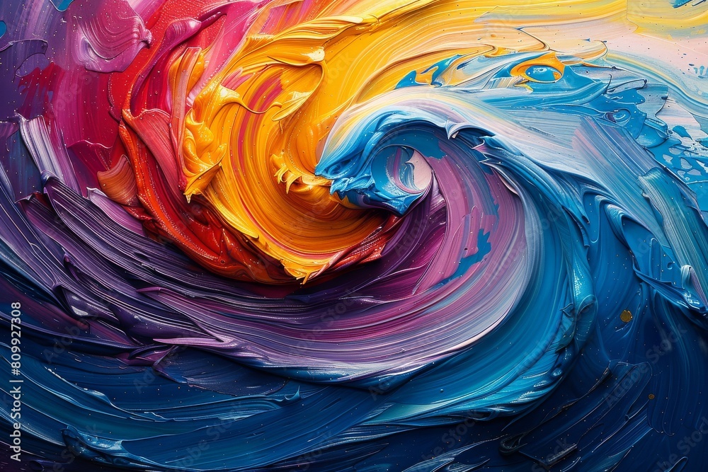 Poster a mesmerizing fluid art piece creating a wave pattern with an array of colors, resembling ocean wave