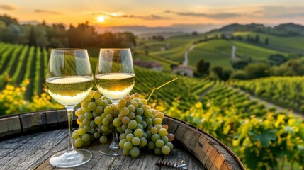 Fototapeta premium Bunch of grapes and two wine glasses on a wooden barrel at sunset, romantic wine tasting setting
