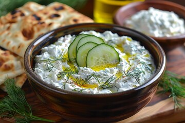 Close-up of creamy Greek tzatziki garnished with cucumber slices and dill, sided by flatbread