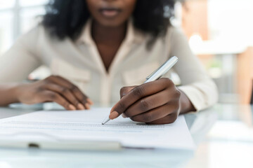 Close-up of Afro-American  businesswoman  signing document. Professionals in a corporate office setting with focus on the hands. Pen and paperwork. 