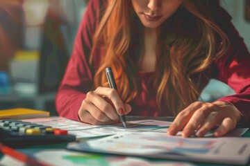 Fototapeta premium Woman sitting at a table with a calculator and pen. Suitable for financial and business concepts