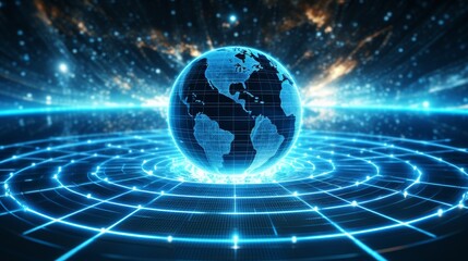 Visualize a concept of digital diplomacy with a glowing Earth surrounded by binary code linking different nations.