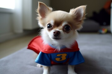Adorable chihuahua dressed up as a superhero in a red cape and blue costume for a themed indoor party, showcasing the small breed's playful and imaginative character - Powered by Adobe