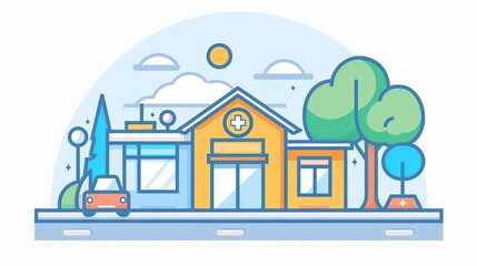 Detailed icon of a community health clinic in a small town, ideal for medical services in less populated areas