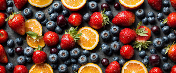 Fruit background. Strawberries, berries and fruits are laid out on a wooden surface