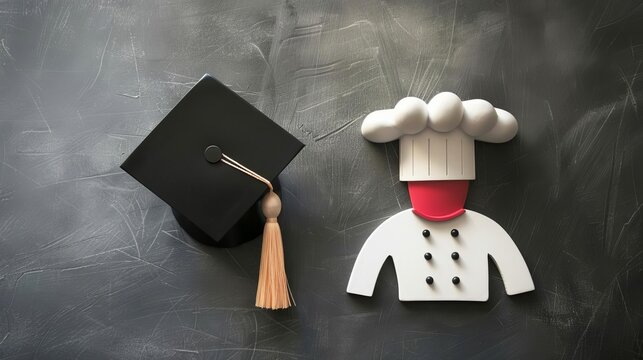 An icon of a chef s hat and a graduation cap, simple elements representing culinary careers after culinary school