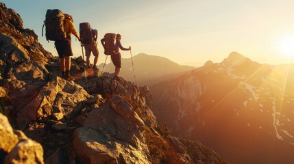 A group of individuals hiking up the steep mountainside, surrounded by rocks and vegetation under a bright blue sky. - obrazy, fototapety, plakaty