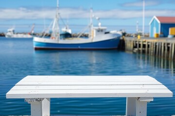 Fototapeta premium White wooden table for product presentations On the background of a small pier in a fishing village, sea and sky. generative ai