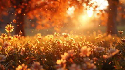Golden hour illuminates a field of blooming orange flowers creating a serene and picturesque scene