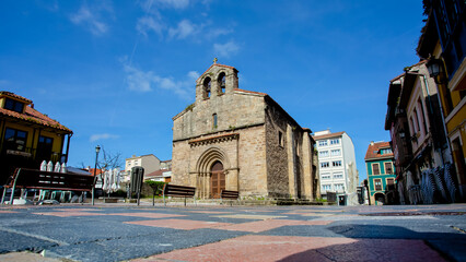 Aviles cityscape. Old Sabugo church and Carbayo square. Asturias, Spain. 