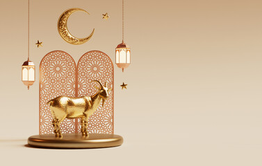 Eid Al Adha Mubarak greeting banner design. Islamic theme background with golden goat, moon, ornamental elements and copy space in 3D illustration for muslim festival celebration