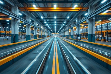 Obraz premium An impressive symmetrical view of a modern industrial warehouse with vibrant colors and dynamic lines