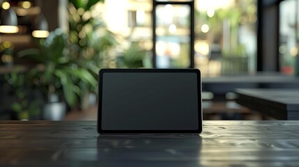 A tablet sits on a wooden table in a coffee shop. The screen is blank.