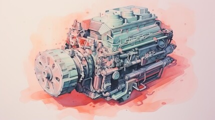 An intricate watercolor painting of a large engine - obrazy, fototapety, plakaty