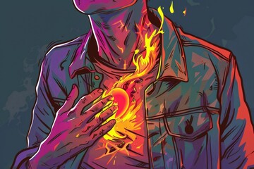A man holding a burning heart. Suitable for love, passion, and Valentine's Day concepts