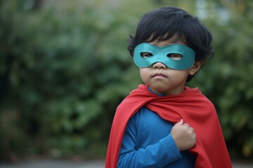 Child in superhero costume with mask and cape standing confidently outdoors