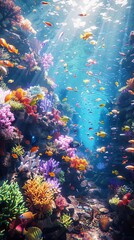 A beautiful and vibrant coral reef with a variety of fish swimming around