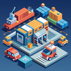 Smart logistics and supply chain. Autonomous trucks and warehouse robots. Efficiency technology. Low poly vector illustration with 3D effect on logistics center background.1