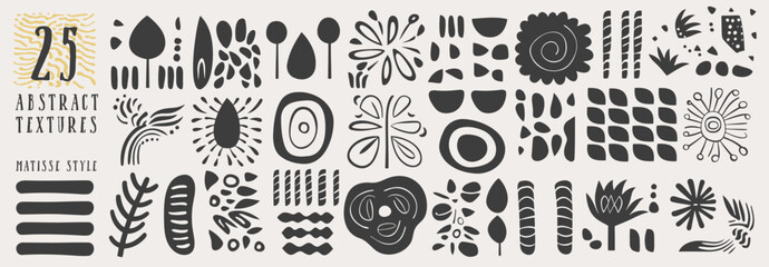 Set of trendy doodle abstract Drawn shapes on isolated white background. Spots drops curves lines and textures. Modern contemporary vector illustration unusual organic forms in matisse style by hand