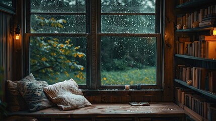 This tranquil scene captures a cozy corner with pillows by a window with raindrops, providing a perfect spot for relaxation or reading on a rainy day. It highlights a peaceful and reflective mood