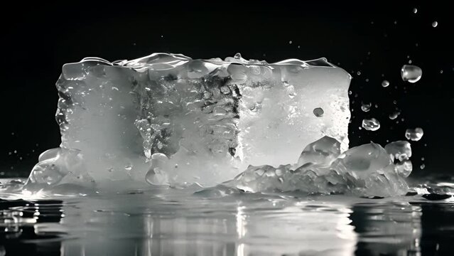 An ice cube with water splashing out of it, creating a dynamic and refreshing visual.