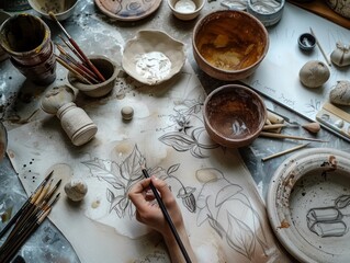 A detailed view of a painting station in a pottery workshop, with brushes and various ceramics designs in progress, potentially for creative process showcases or art classes.