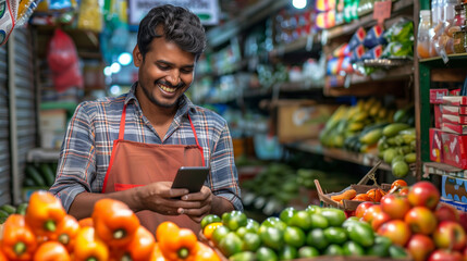 Obraz premium Indian vegetable and fruit seller In a small grocery store Sitting happily looking at the phone. Occupation, Food, Online