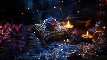 Enchanted Rose in a Magical Setting with Vintage Books, Candles, and Spirit of Fantasy