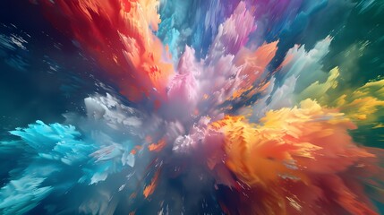 An abstract explosion of rainbow colors blending and overlapping in a digital art style, captured...