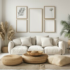 Frame mockup, Scandinavian style home interior with cozy sofa, wall poster frame design, 3D render